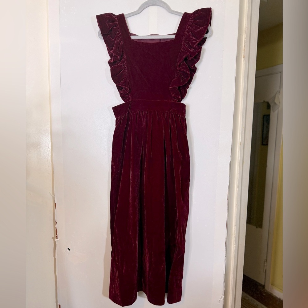 Frilly Velvet Apron‎ Pinafore Dress-Burgundy Red-XS/S - Picture 7 of 15